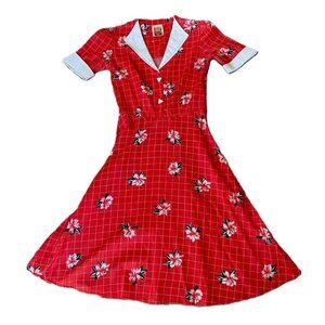 Vintage retro style midi dress floral and checkered print vibrant red